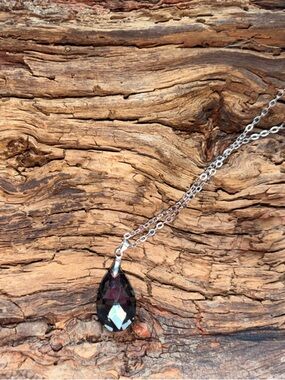 Silver Chain Necklace with Dark charcoal Gray Teardrop Pendant